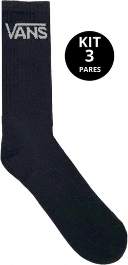 Meia Cano Alto Vans Kit 3 Pares Classic Crew - Preto