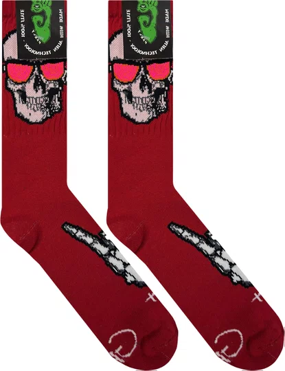 Meia Unissex Gnarly Caveira Hang Loose Cano Longo Algodão - Bordo