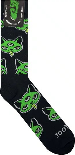 Meia Unissex Gnarly Rave Cat Cano Longo Algodão - Preto