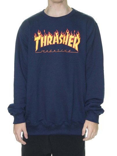 Moletom Masculino Thrasher Flame Logo Careca Manga Longa Estampado - Marinho Escuro
