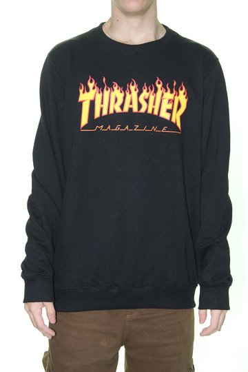 Moletom Masculino Thrasher Flame Logo Manga Longa Estampado Careca - Preto