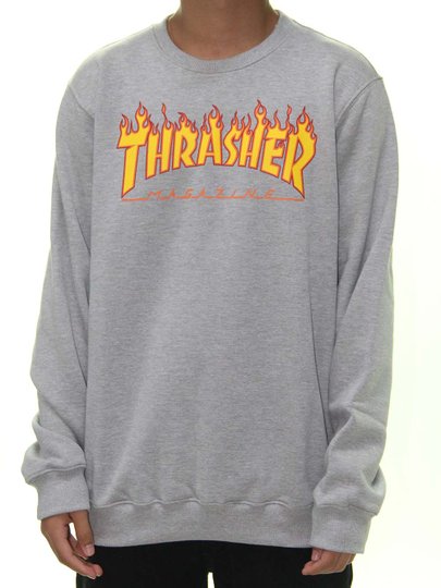 Moletom Masculino Thrasher Flame Logo Manga Longa Careca Estampado - Cinza Mesclado
