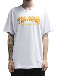 Camiseta Masculina Thrasher Fire Logo Manga Curta Estampada - Branco