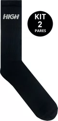 Kit 2 Pares de Meias High Unissex Logo Cano Longo - Preto